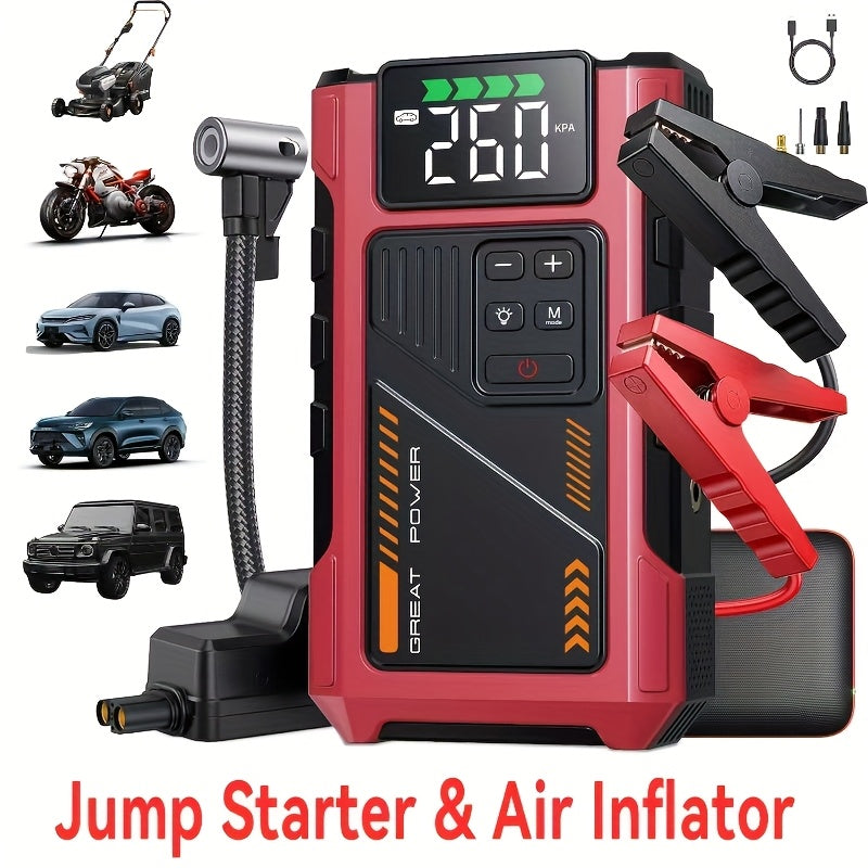 Tragbarer Auto-Luftkompressor und Starthilfe mit LED-Notlicht, 3000 A Spitzenleistung, 12 V für Gas-/Dieselmotoren, USB-Eingang/Ausgang, digitaler Reifenfüller, rot, isoliertes Material, schnelles Aufladen, Autozubehör-Werkzeuge, Fahrzeug
