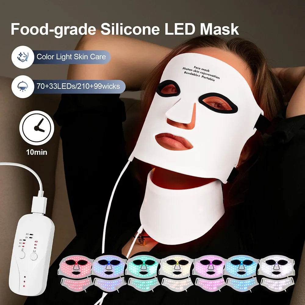 Silikon-LED-Maske für Gesicht und Hals, 7 Farben, LED-Photonen, Rotlicht, Infrarot-Therapie, flexible Gesichtsmaske, Reparatur der Haut, kabellose Nutzung